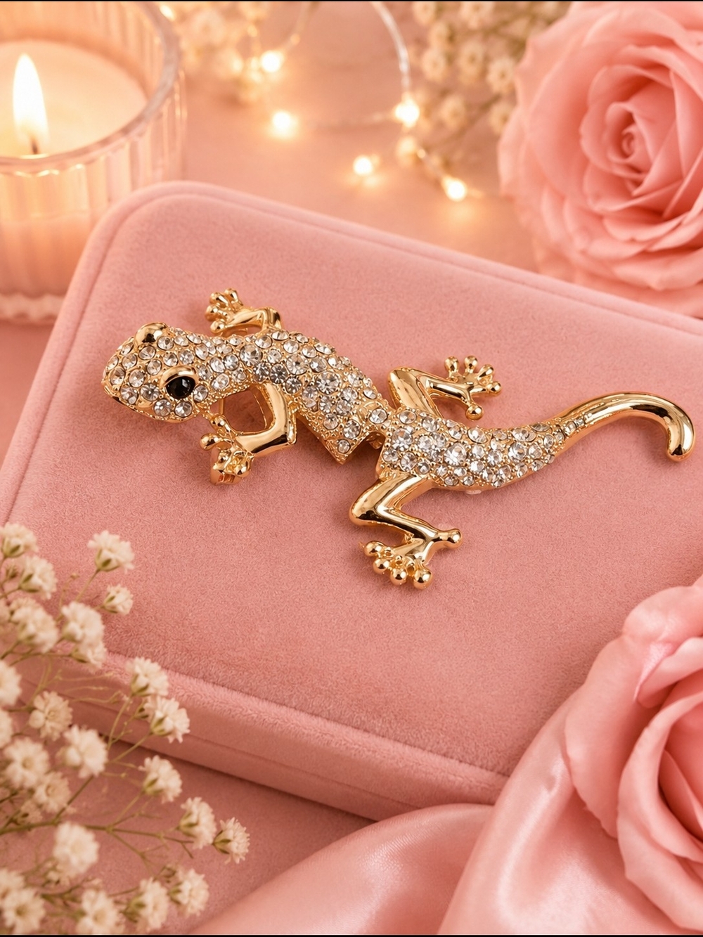 Gold Crystal Gecko Brooch - Pink Accents